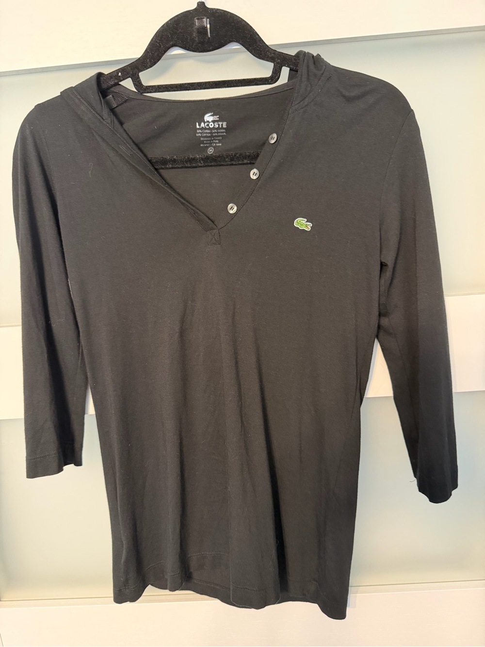 Lacoste Black Long Sleeve Hooded V-Neck Shirt with Green Crocodile